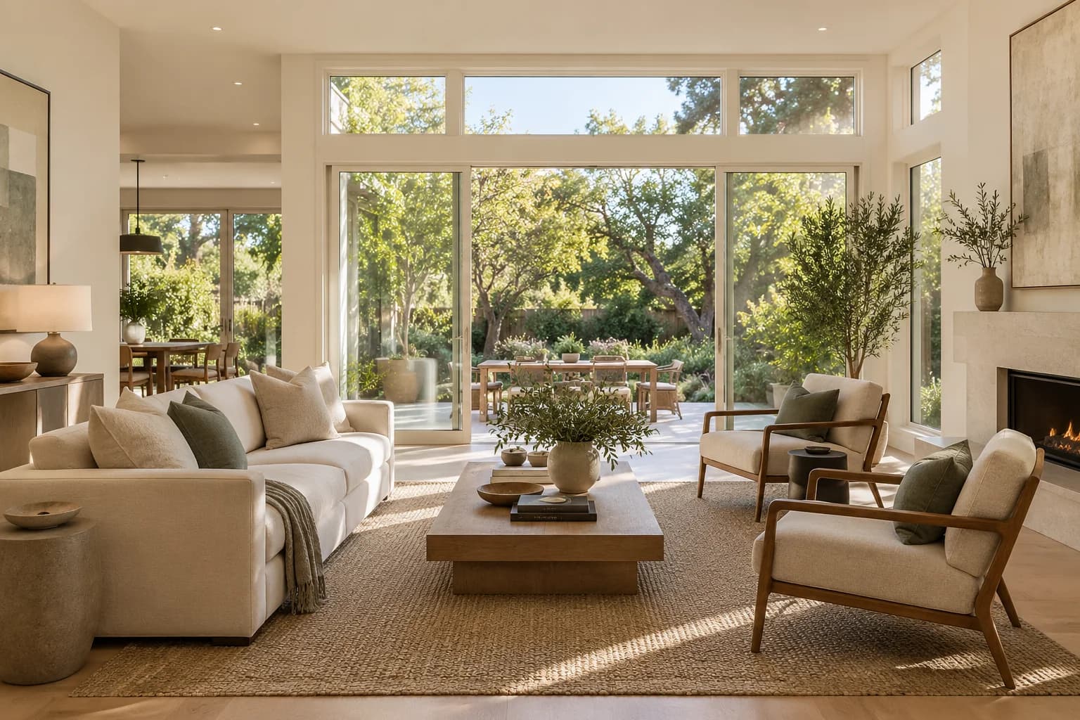 AI-generated staged living room with a cream sofa, oak furniture, and tall windows overlooking a garden.