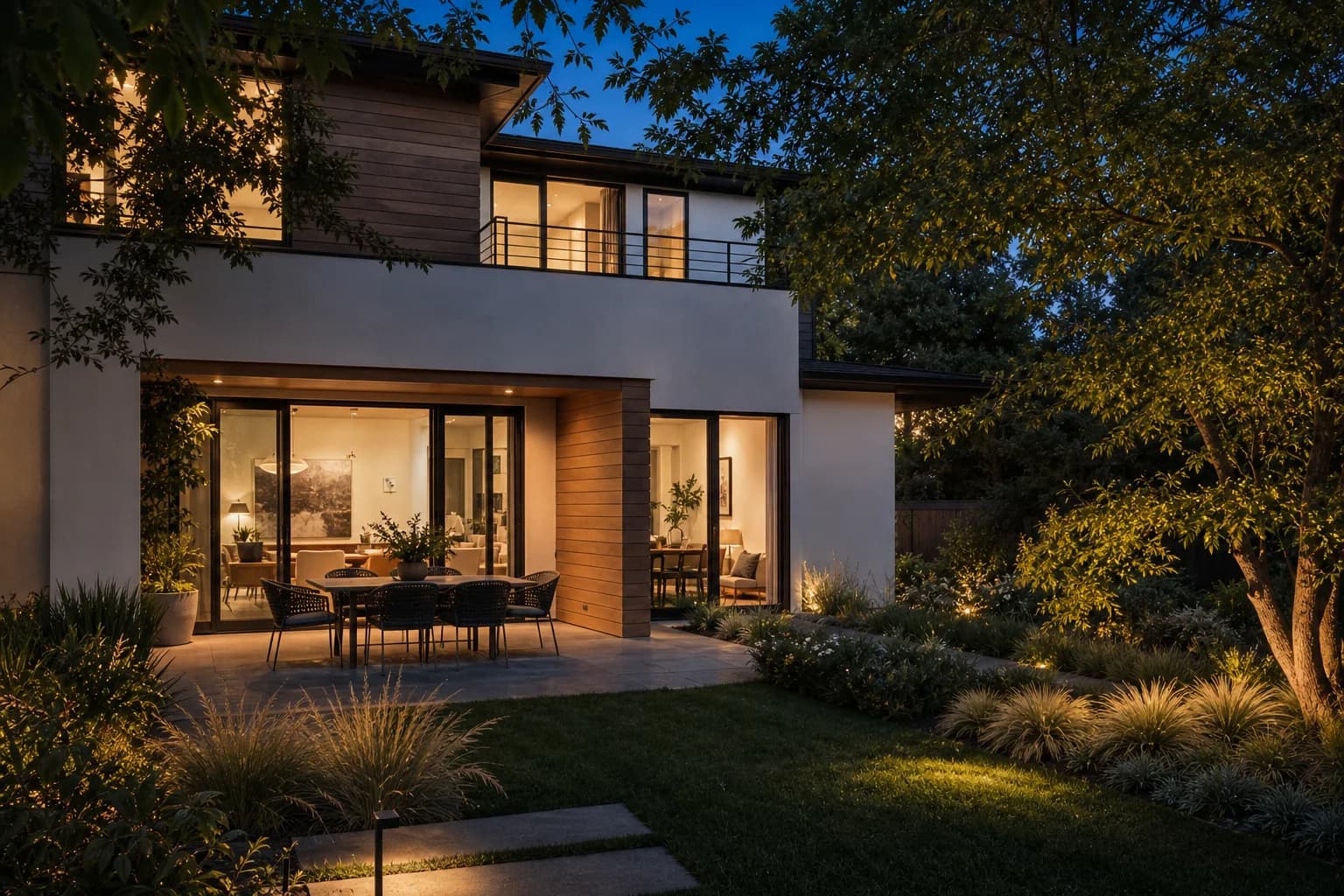 Rear terrace and pool of a Menlo Park residence at dusk.