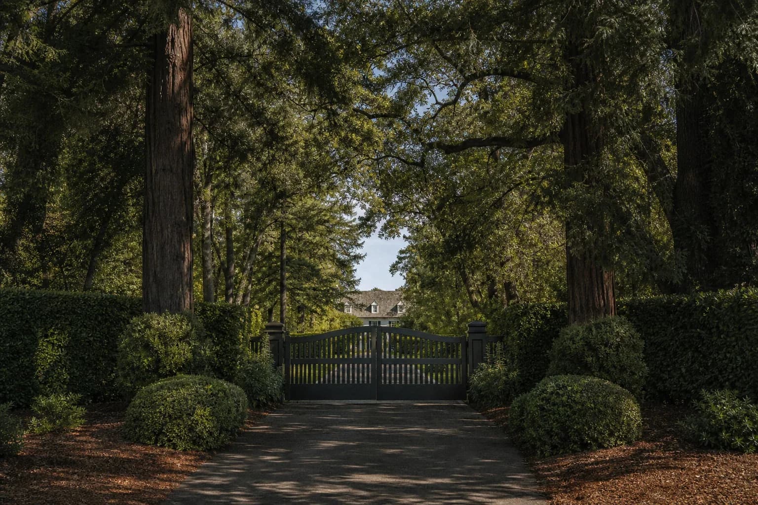 Discreet estate gate beneath redwoods and mature oaks in Atherton.