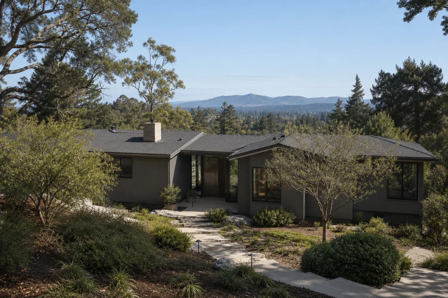 Modern hillside residence with foothill views in Menlo Park.