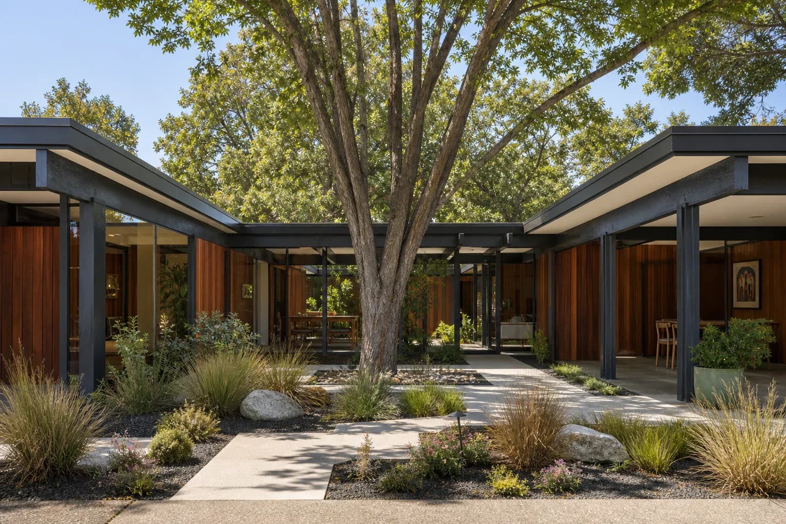 Eichler courtyard beneath a mature tree in Mountain View.