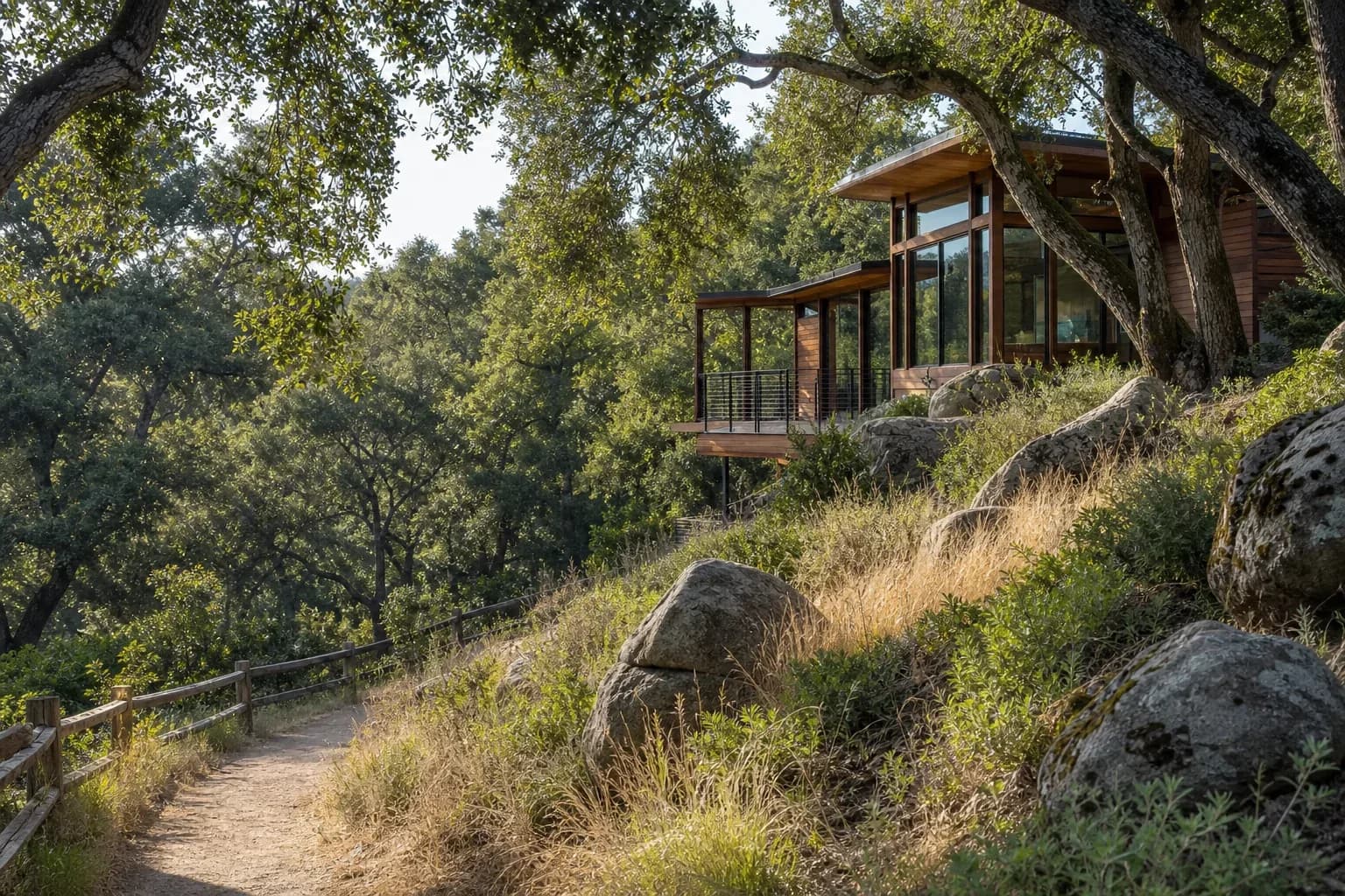 Oak grassland and a timber-and-glass residence in Portola Valley.